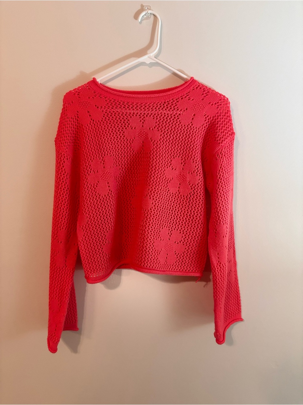 SO Open-Knit Floral Crewneck Sweater - Coral Red